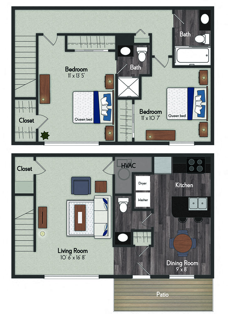 Floor plan for 2 beds, 2.5 baths, 1022 sqft